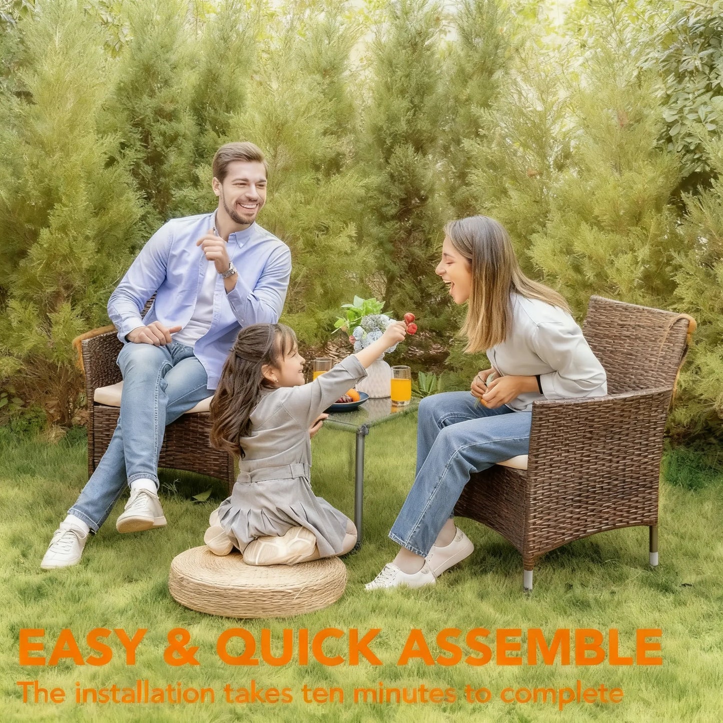 3-Piece PE Rattan Outdoor Set, Table & 2 Chairs