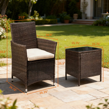 3-Piece PE Rattan Outdoor Set, Table & 2 Chairs