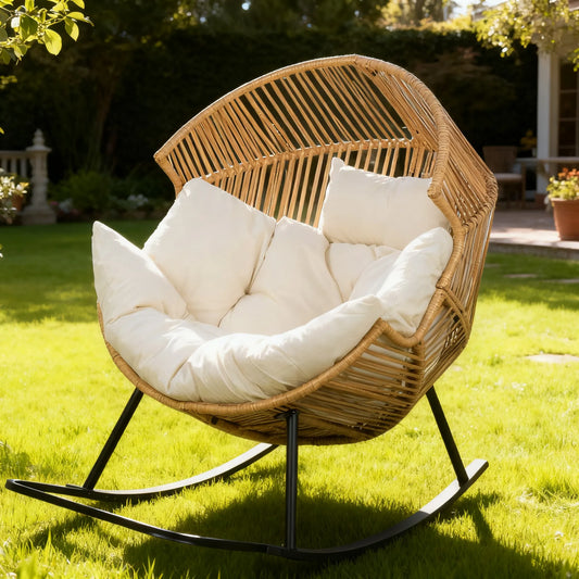 Rattan Rocking Chair with Cushion, Oversized for Indoor & Outdoor