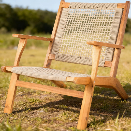 Teak Hand-Woven Outdoor Chair, Mid-Century Reclining Design
