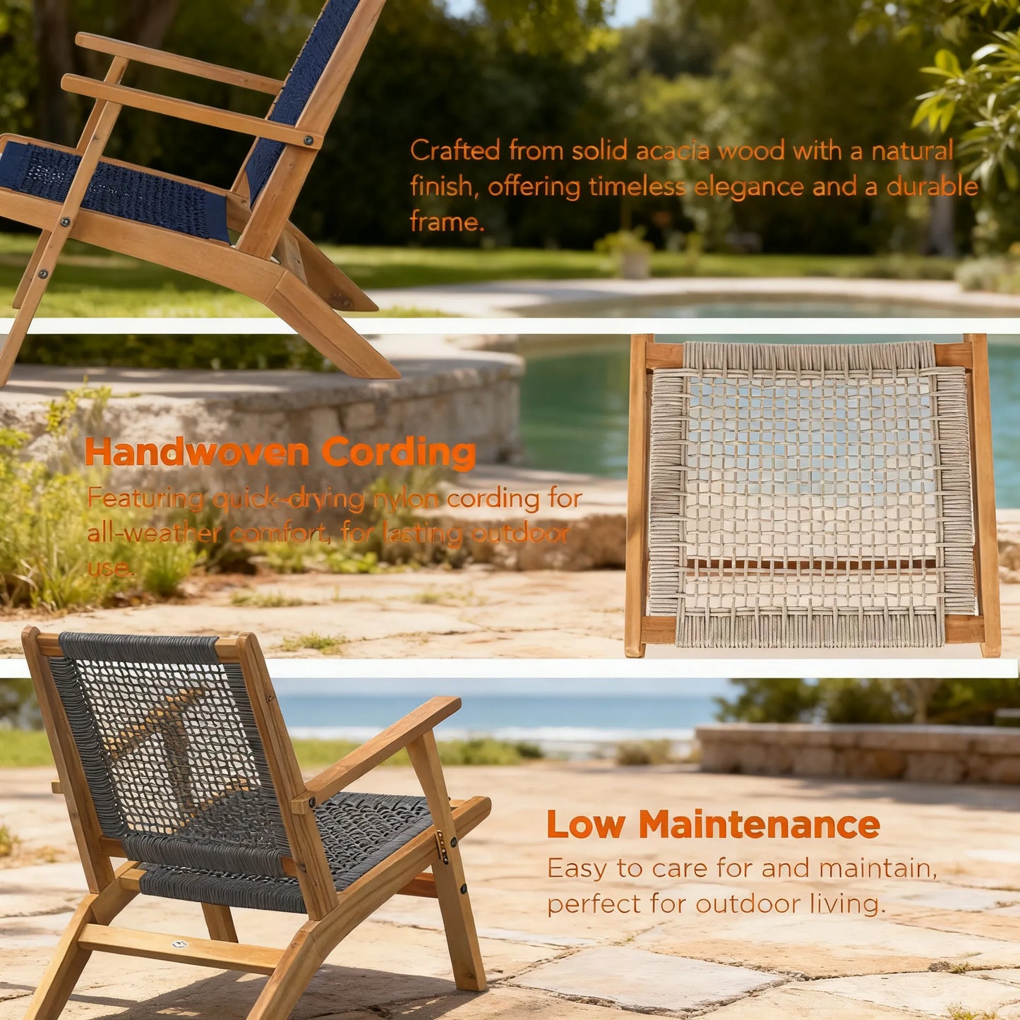 Teak Hand-Woven Outdoor Chair, Mid-Century Reclining Design