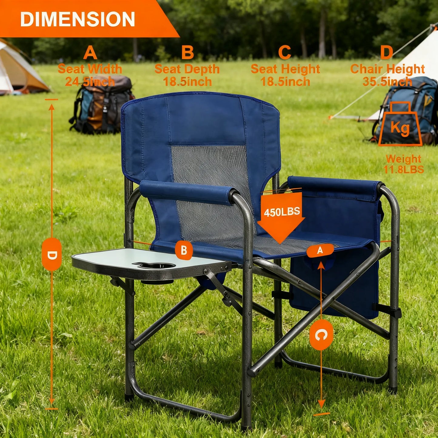 Professional Directors Chair, Adult Camping Chair with Heavy Duty Side Table, Side Pockets & Carry Straps